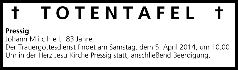 Traueranzeige für Totentafel vom 05.04.2014 vom 05.04.2014 aus MGO