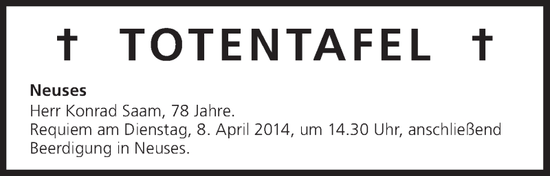  Traueranzeige für Totentafel vom 08.04.2014 vom 08.04.2014 aus MGO