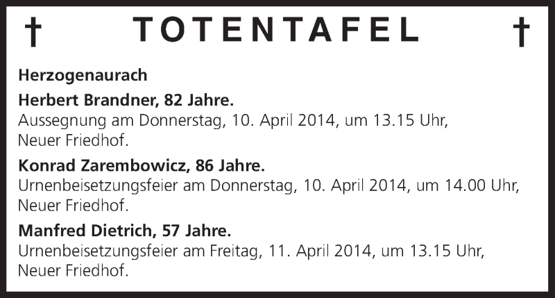  Traueranzeige für Totentafel vom 08.04.2014 vom 08.04.2014 aus MGO