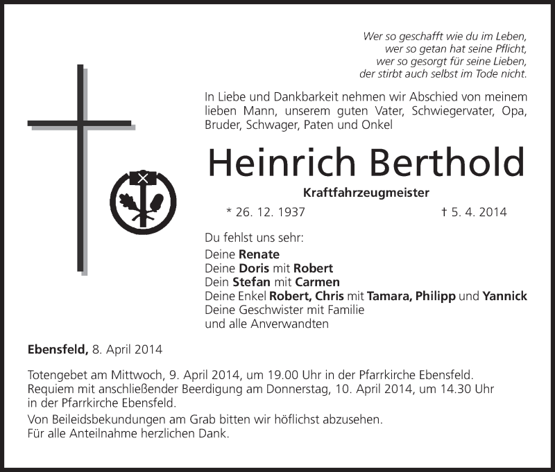  Traueranzeige für Heinrich Berthold vom 08.04.2014 aus MGO