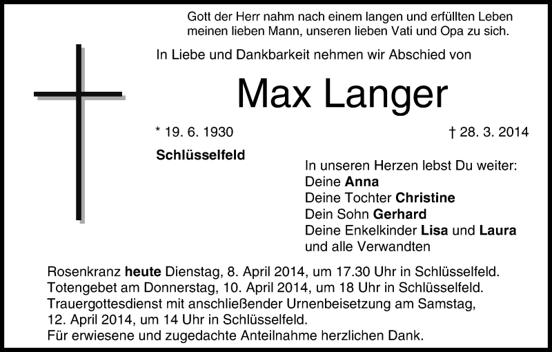  Traueranzeige für Max Langer vom 08.04.2014 aus MGO
