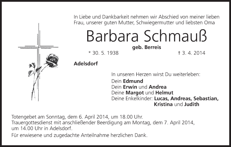  Traueranzeige für Barbara Schmauß vom 05.04.2014 aus MGO