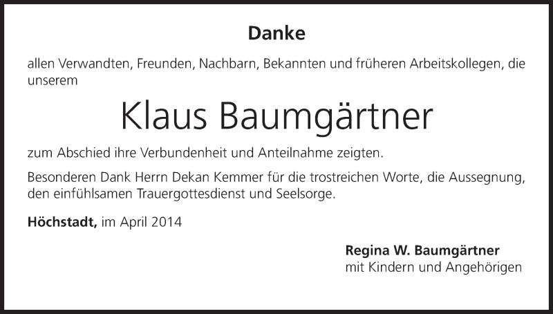  Traueranzeige für Klaus Baumgärtner vom 08.04.2014 aus MGO