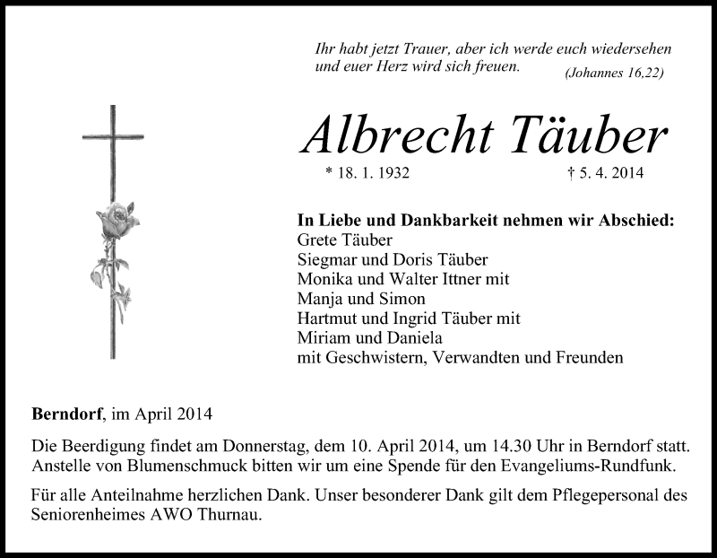  Traueranzeige für Albrecht Täuber vom 08.04.2014 aus MGO
