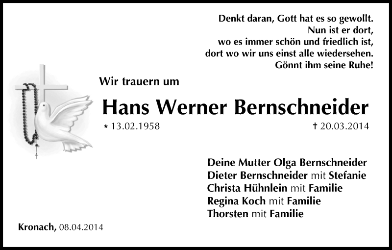  Traueranzeige für Hans Werner Bernschneider vom 08.04.2014 aus MGO