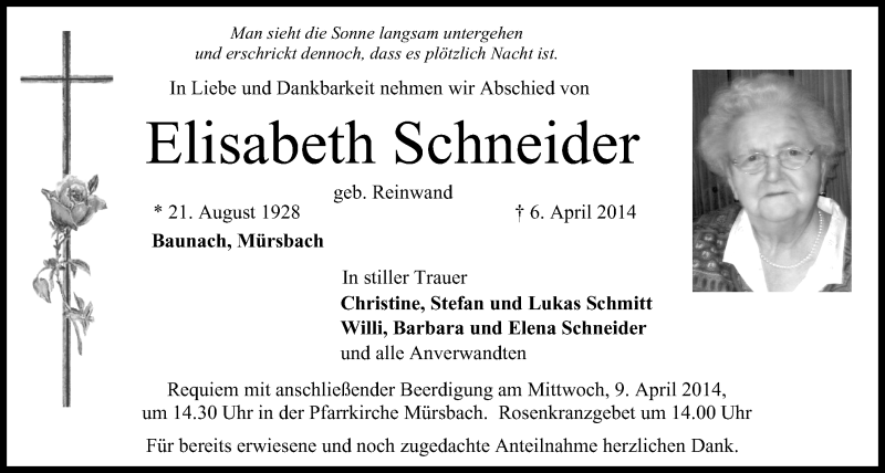  Traueranzeige für Elisabeth Schneider vom 08.04.2014 aus MGO