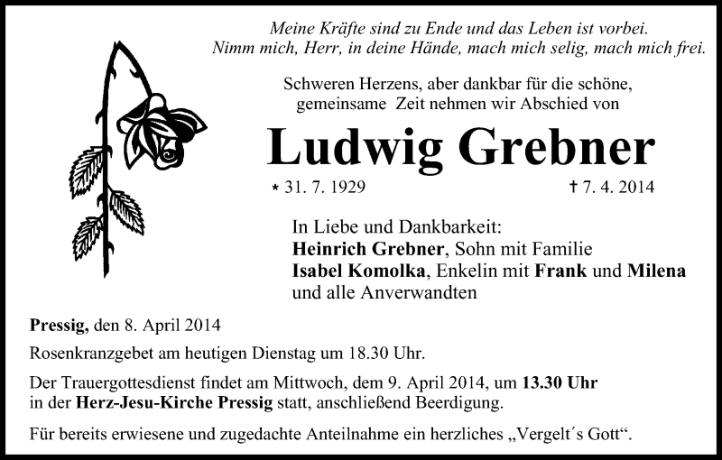  Traueranzeige für Ludwig Grebner vom 08.04.2014 aus MGO