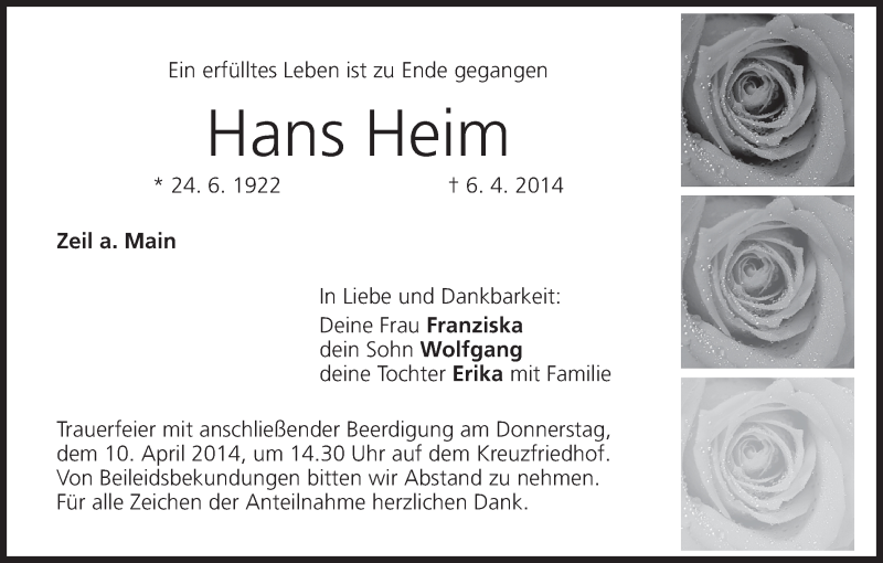  Traueranzeige für Hans Heim vom 08.04.2014 aus MGO
