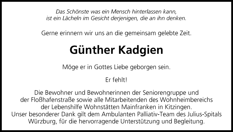  Traueranzeige für Günther Kadgien vom 10.04.2014 aus MGO