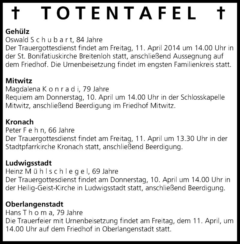  Traueranzeige für Totentafel vom 10.04.2014 vom 10.04.2014 aus MGO