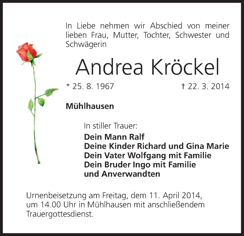  Traueranzeige für Andrea Kröckel vom 09.04.2014 aus MGO