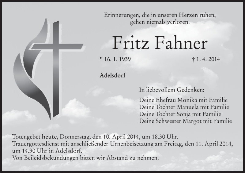  Traueranzeige für Fritz Fahner vom 10.04.2014 aus MGO