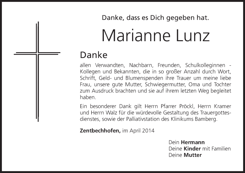  Traueranzeige für Marianne Lunz vom 12.04.2014 aus MGO
