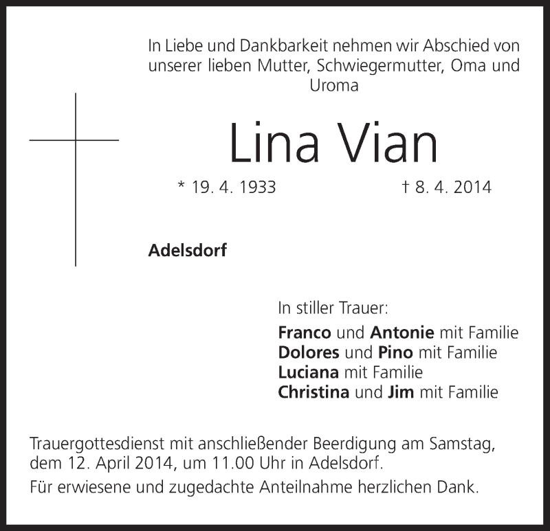  Traueranzeige für Lina Vian vom 11.04.2014 aus MGO