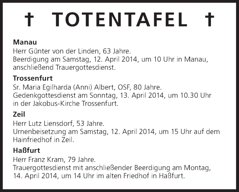  Traueranzeige für Totentafel vom 11.04.2014 vom 11.04.2014 aus MGO