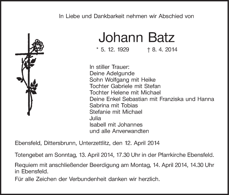  Traueranzeige für Johann Batz vom 12.04.2014 aus MGO