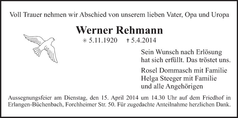  Traueranzeige für Werner Rehmann vom 12.04.2014 aus MGO