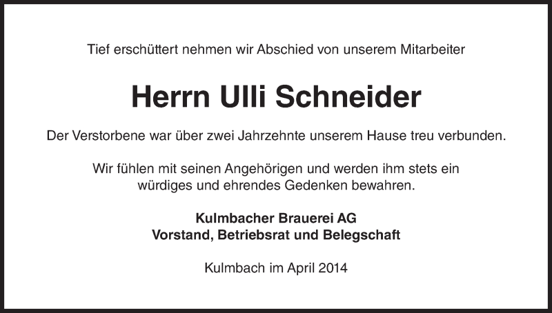  Traueranzeige für Ulli Schneider vom 11.04.2014 aus MGO