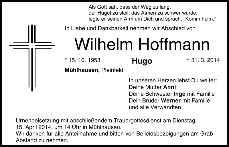  Traueranzeige für Wilhelm Hoffmann vom 12.04.2014 aus MGO