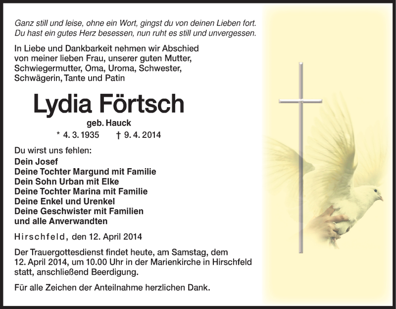  Traueranzeige für Lydia Förtsch vom 12.04.2014 aus MGO