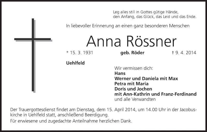  Traueranzeige für Anna Rössner vom 14.04.2014 aus MGO