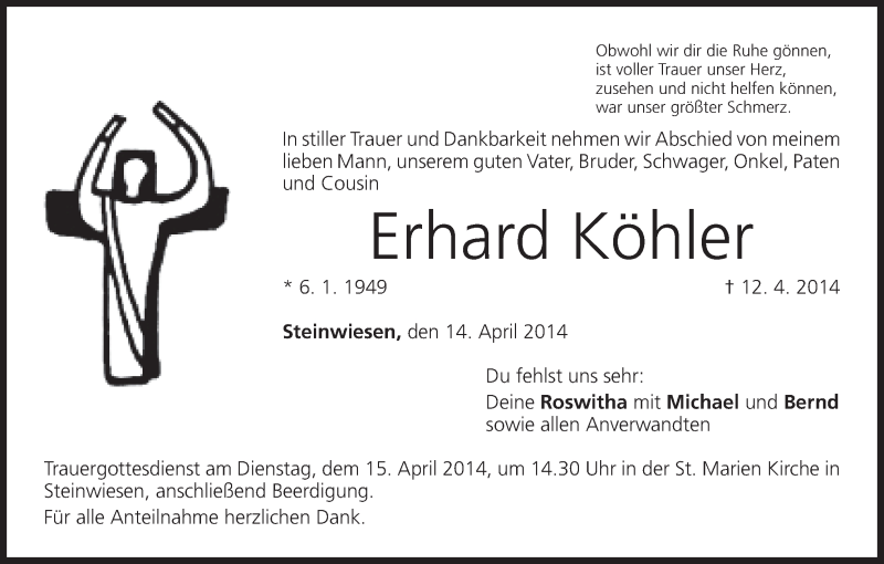  Traueranzeige für Erhard Köhler vom 14.04.2014 aus MGO