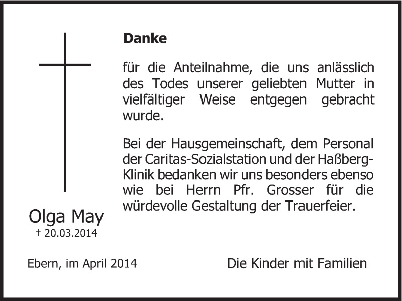  Traueranzeige für Olga May vom 12.04.2014 aus MGO