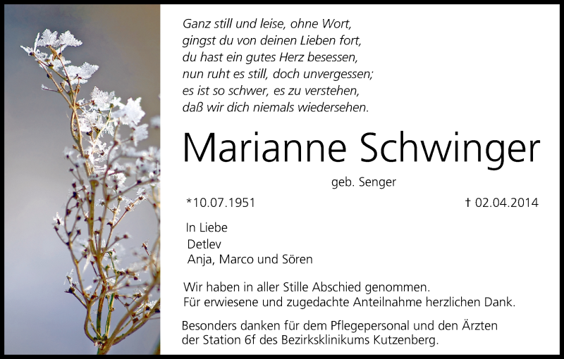  Traueranzeige für Marianne Schwinger vom 19.04.2014 aus MGO