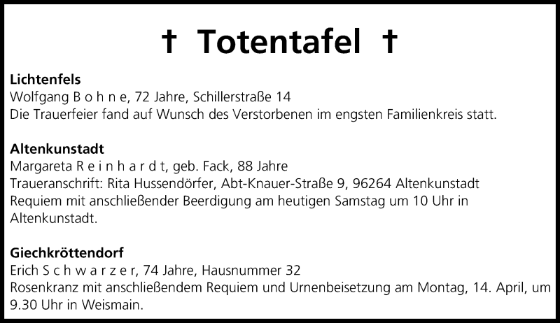  Traueranzeige für Totentafel vom 12.04.2014 vom 12.04.2014 aus MGO