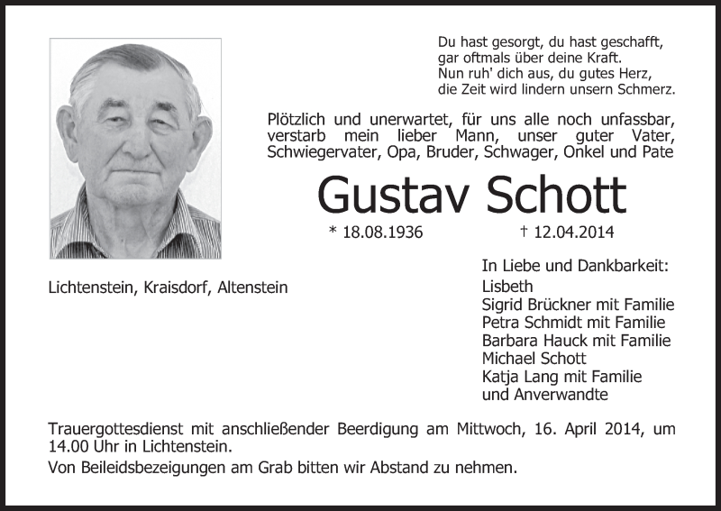  Traueranzeige für Gustav Schott vom 14.04.2014 aus MGO