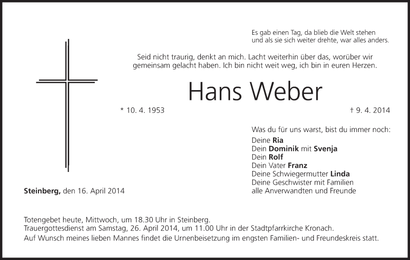  Traueranzeige für Hans Weber vom 16.04.2014 aus MGO