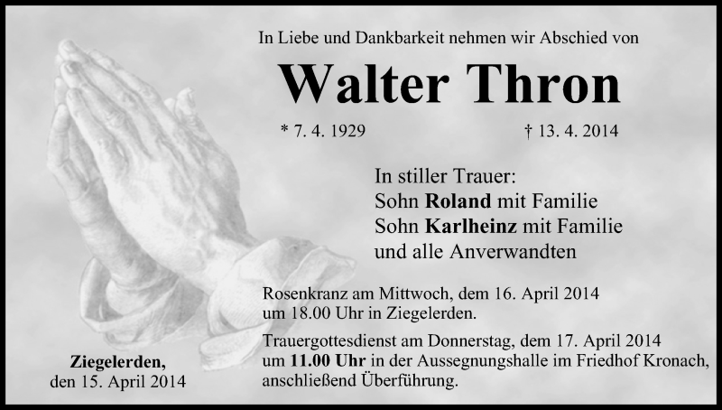  Traueranzeige für Walter Thron vom 15.04.2014 aus MGO