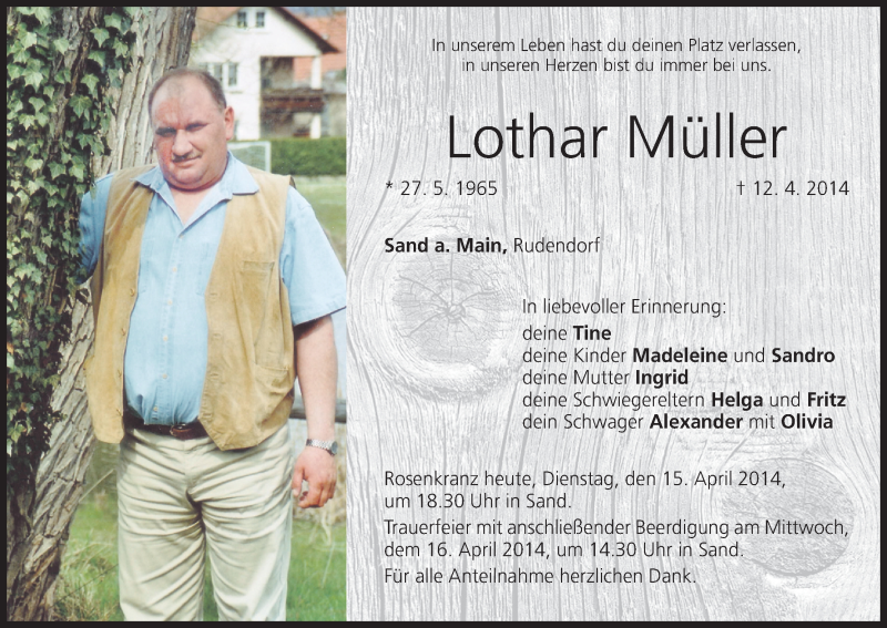  Traueranzeige für Lothar Müller vom 15.04.2014 aus MGO