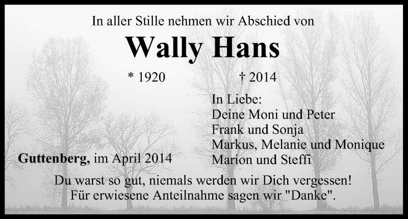  Traueranzeige für Wally Hans vom 19.04.2014 aus MGO