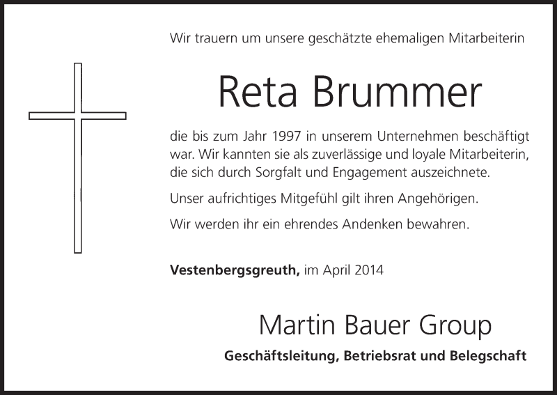  Traueranzeige für Reta Brummer vom 15.04.2014 aus MGO