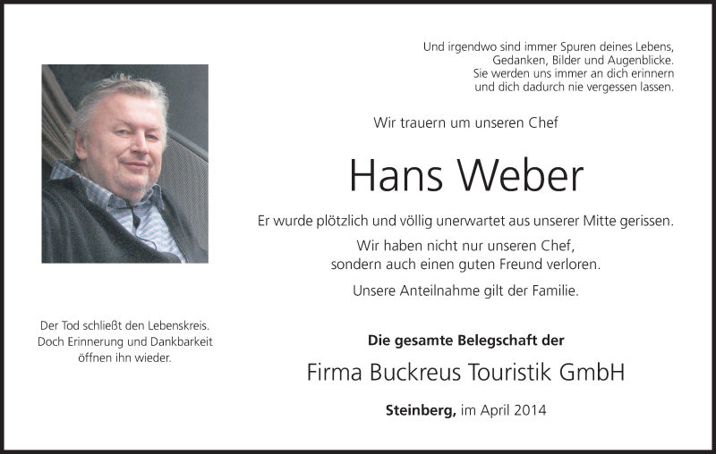  Traueranzeige für Hans Weber vom 17.04.2014 aus MGO