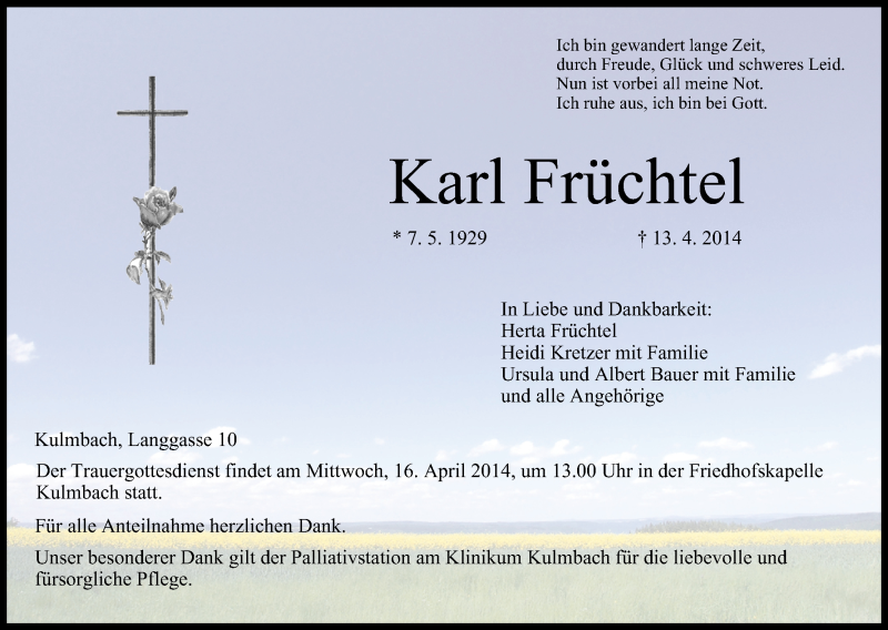  Traueranzeige für Karl Früchtel vom 15.04.2014 aus MGO