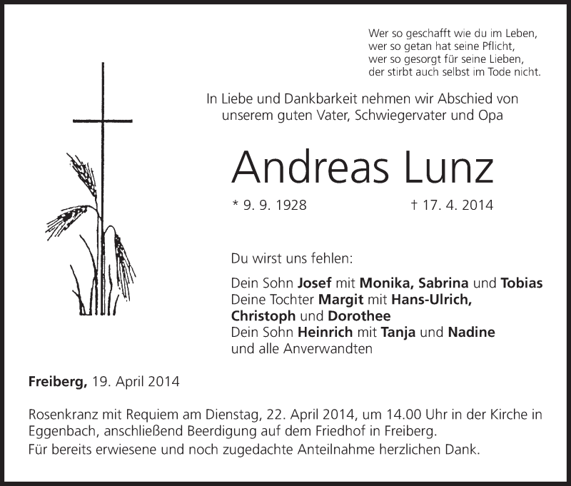  Traueranzeige für Andreas Lunz vom 19.04.2014 aus MGO