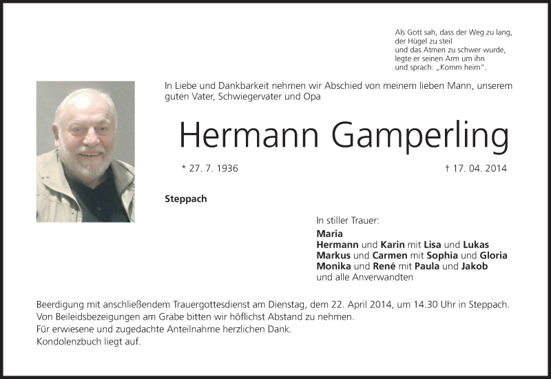  Traueranzeige für Hermann Gamperling vom 19.04.2014 aus MGO