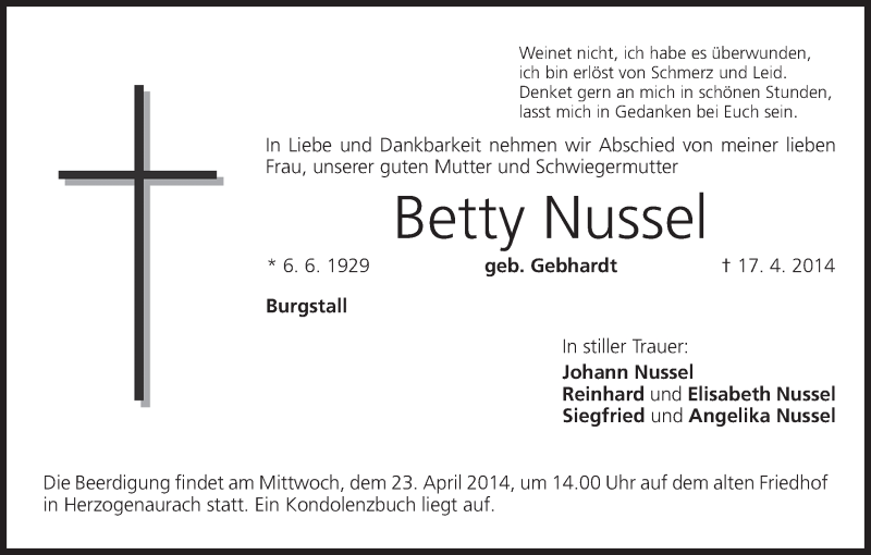  Traueranzeige für Betty Nussel vom 22.04.2014 aus MGO