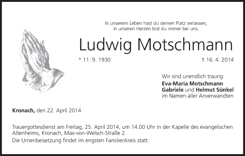  Traueranzeige für Ludwig Motschmann vom 22.04.2014 aus MGO