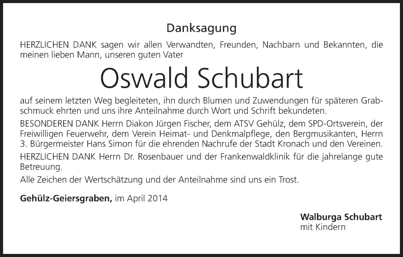  Traueranzeige für Oswald Schubart vom 22.04.2014 aus MGO