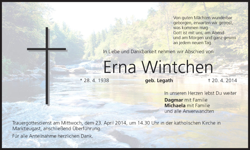  Traueranzeige für Erna Wintchen vom 22.04.2014 aus MGO