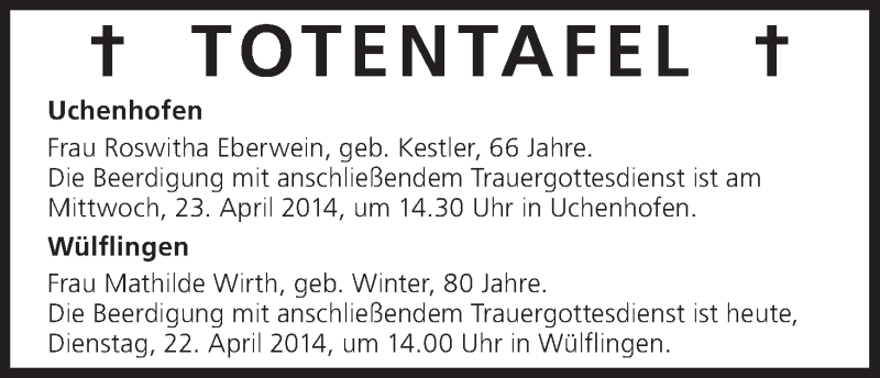  Traueranzeige für Totentafel vom 22.04.2014 vom 22.04.2014 aus MGO