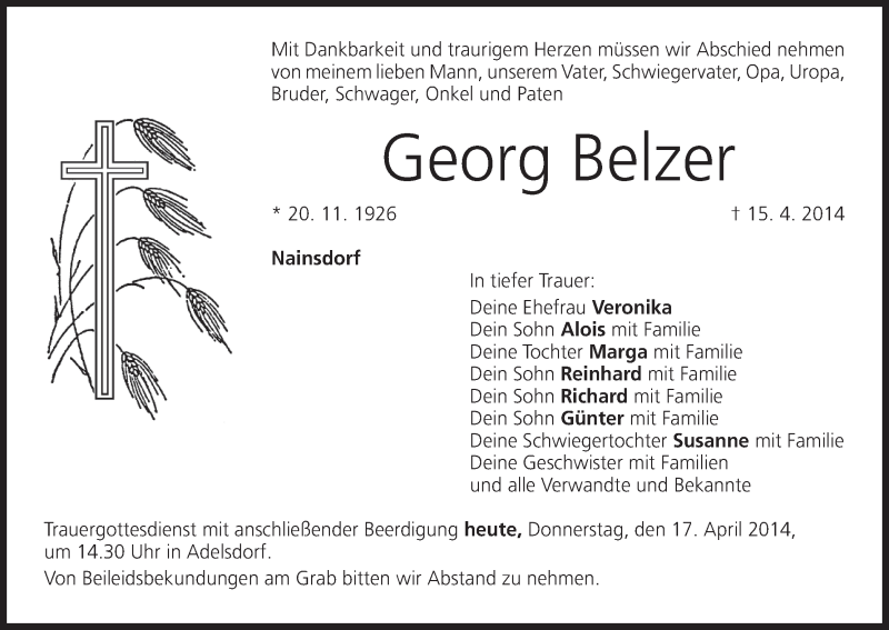  Traueranzeige für Georg Belzer vom 17.04.2014 aus MGO