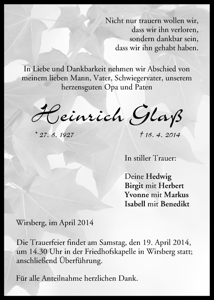  Traueranzeige für Heinrich Glaß vom 17.04.2014 aus MGO