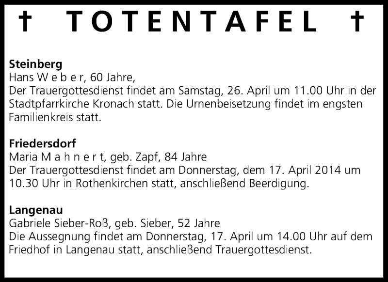 Traueranzeige für Totentafel 17.04.2014 vom 17.04.2014 aus MGO