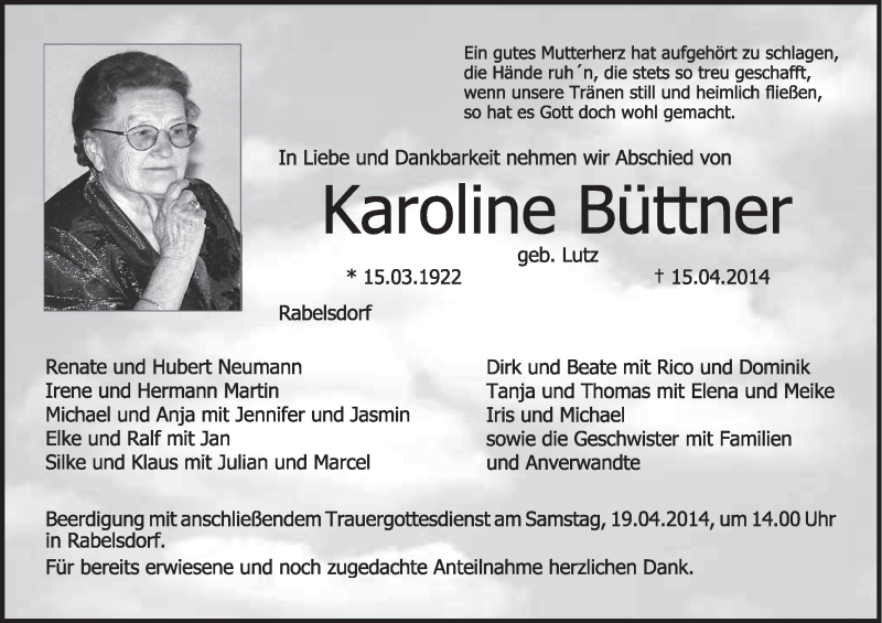 Traueranzeige für Karoline Büttner vom 17.04.2014 aus MGO