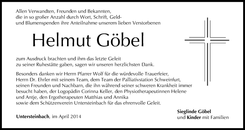  Traueranzeige für Helmut Göbel vom 19.04.2014 aus MGO