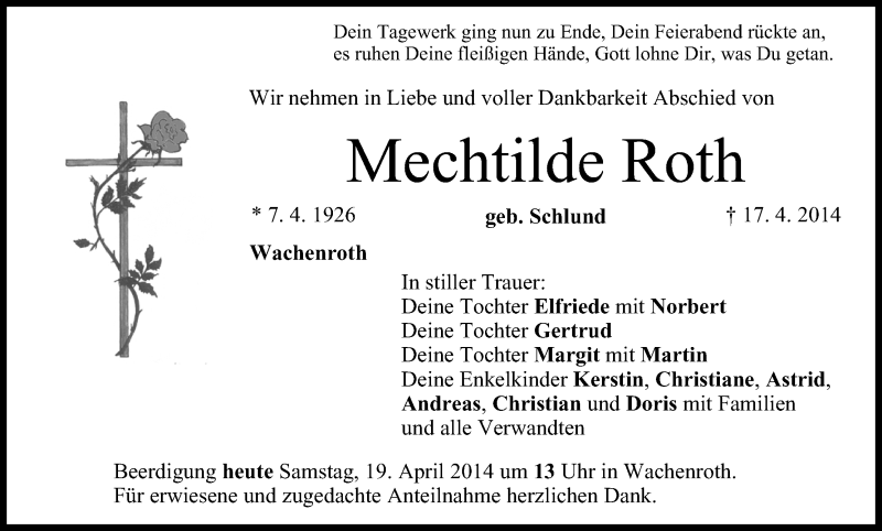  Traueranzeige für Mechtilde Roth vom 19.04.2014 aus MGO